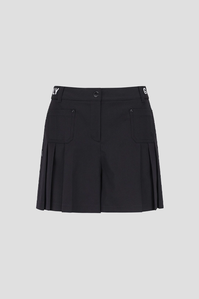 WOMENS BANDING PLEATED WIDE SHORTS-BLACK