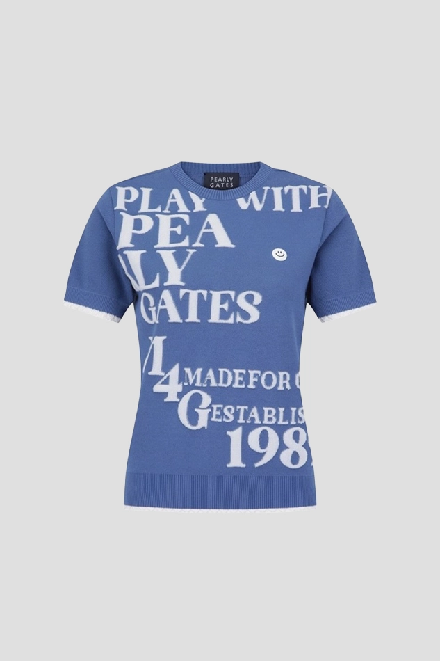 WOMENS TWOTONE LACE EMBOSSED LETTERING KNIT-BLUE