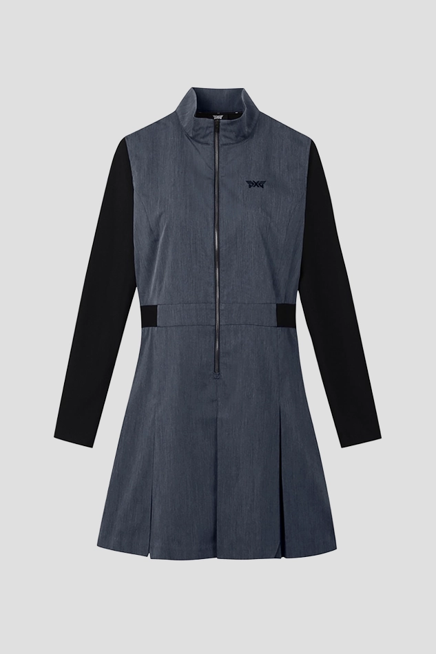 WOMEN WOVEN MIX LONG SLEEVE ONEPIECE-BLUE