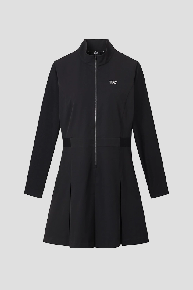 WOMEN WOVEN MIX LONG SLEEVE ONEPIECE-BLACK