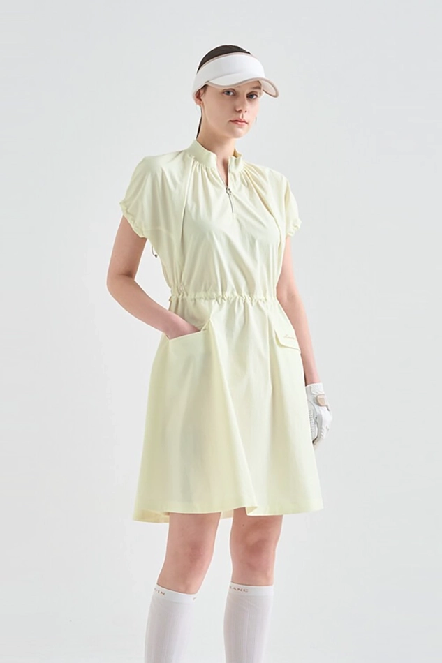 UV CUT DRAWSTRING MOCK NECK DRESS-YELLOW