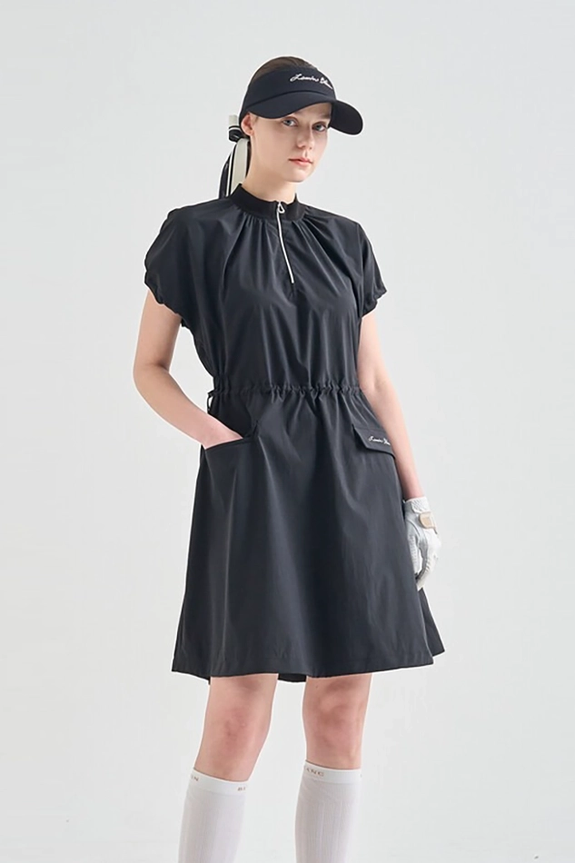 UV CUT DRAWSTRING MOCK NECK DRESS-BLACK