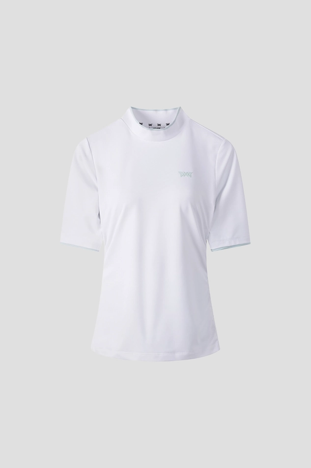 WOMENS SUMMER MOCK NECK SHIRRING SHORT SLEEVE-WHITE