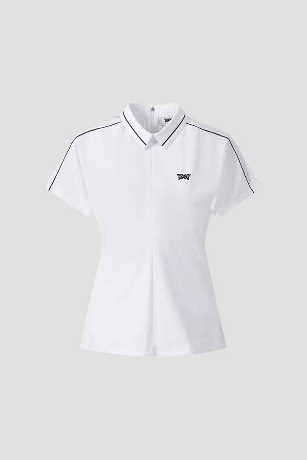 WOMENS SUMMER PERFORATED COLLARED SHORT SLEEVE-WHITE