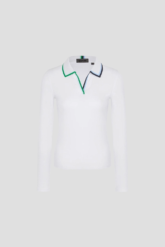 CONTRAST JOHNNY COLLAR TECH NYLON RIB POLO WOMEN-WHITE