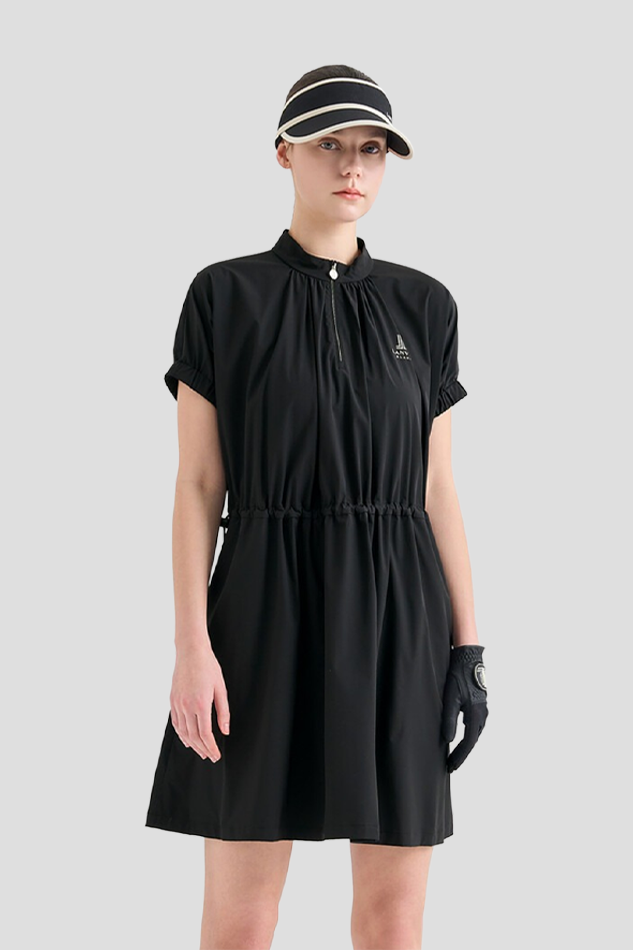 SHIRRED MOCK NECK DRAWSTRING GRESS-BLACK