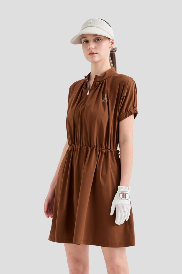 SHIRRED MOCK NECK DRAWSTRING GRESS-COFFEE