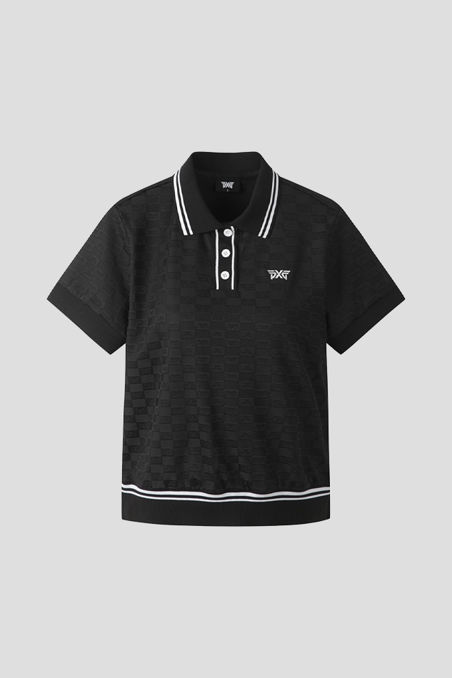 WOMEN JACQUARD COLLARED SHORT SLEEVE 26S-BLACK
