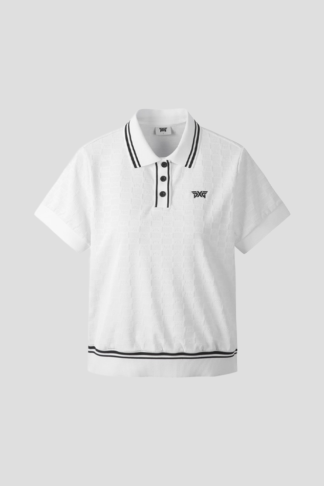 WOMEN JACQUARD COLLARED SHORT SLEEVE 26S-WHITE