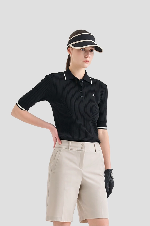 RIBBED COLOR LINE HALF SLEEVE KNIT TOP-BLACK