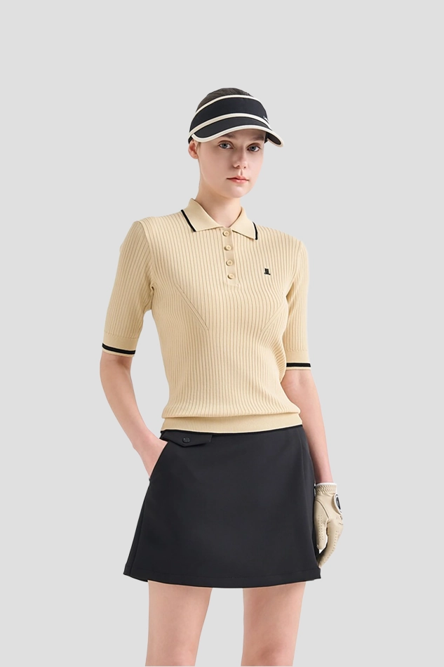 RIBBED COLOR LINE HALF SLEEVE KNIT TOP-KHAKI