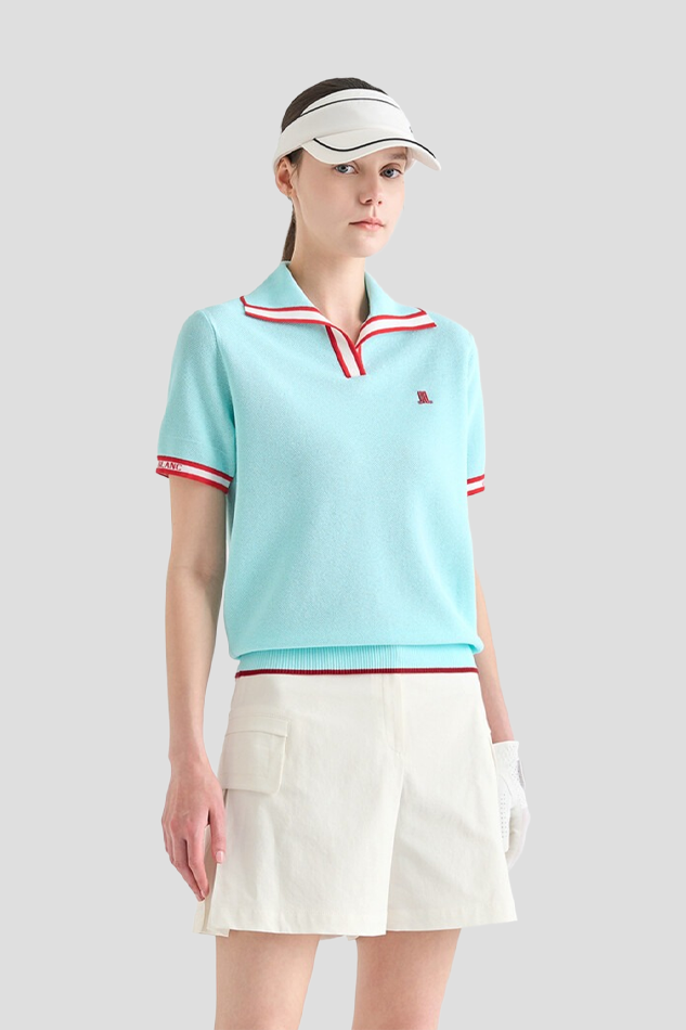 26NOTCH NECK COLLAR COLOR BLOCK KNIT TOP-BLUE