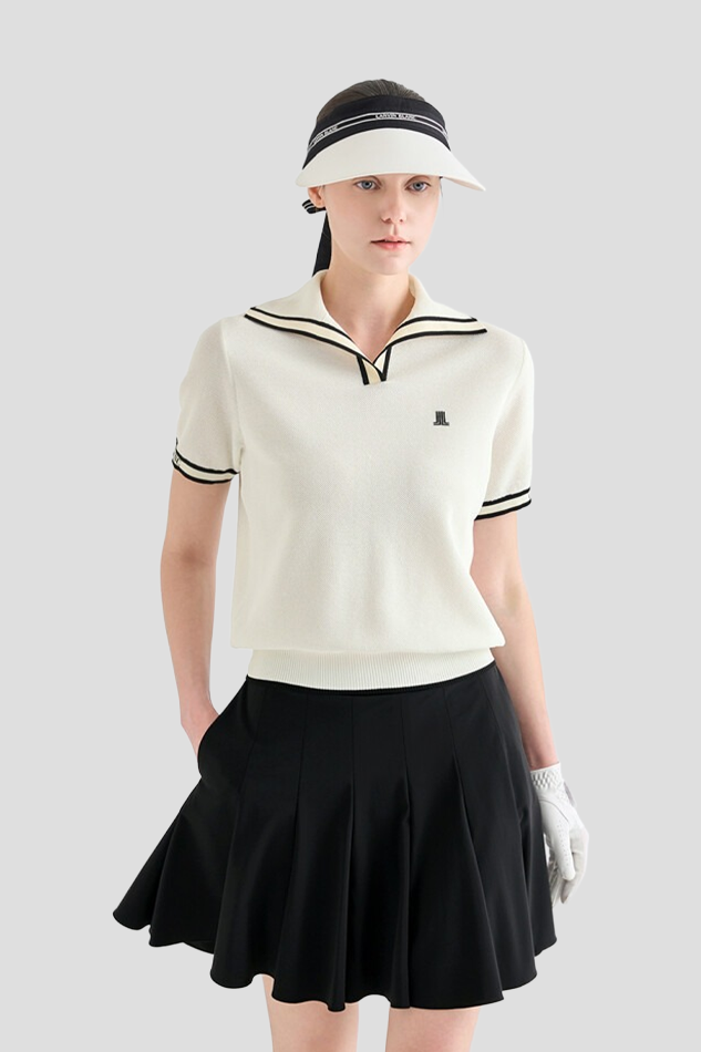 26NOTCH NECK COLLAR COLOR BLOCK KNIT TOP-WHITE