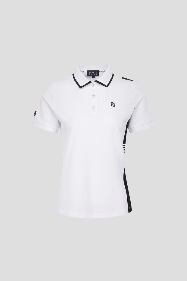 WOMEN COLOR BLOCK POINT COLLAR SHORT SLEEVE TEE-WHITE