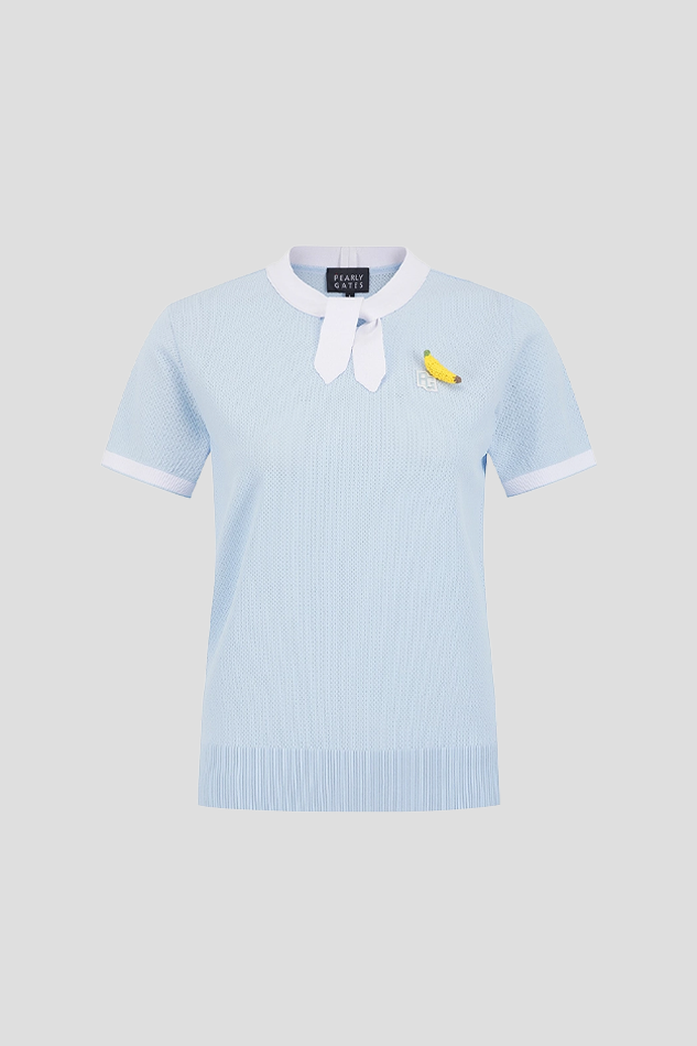 WOMEN FRUIT BROOCH TIE SHORT SLEEVE KNIT-SKYBLUE