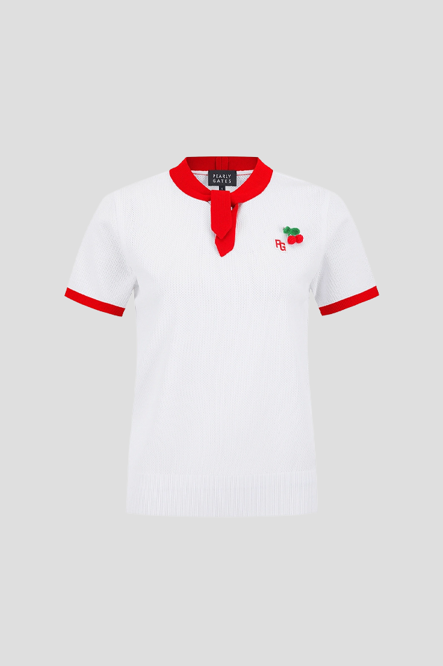 WOMEN FRUIT BROOCH TIE SHORT SLEEVE KNIT-WHITE