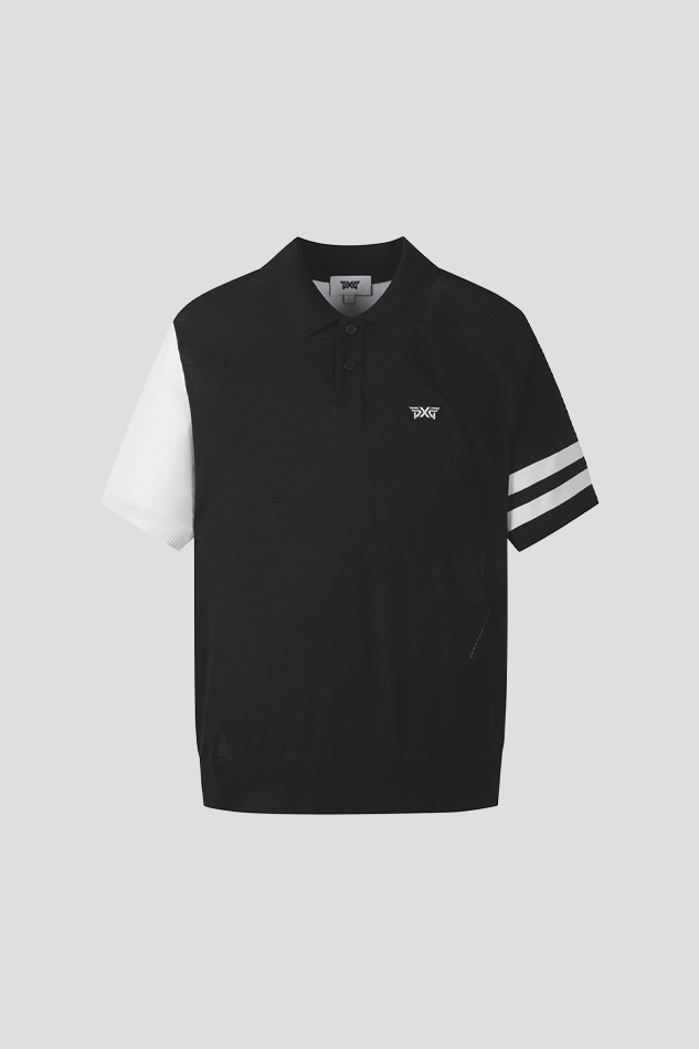 26MEN COLOR BLOCKED KNIT HYBRID COLLAR SHORT SLEEVE-BLACK