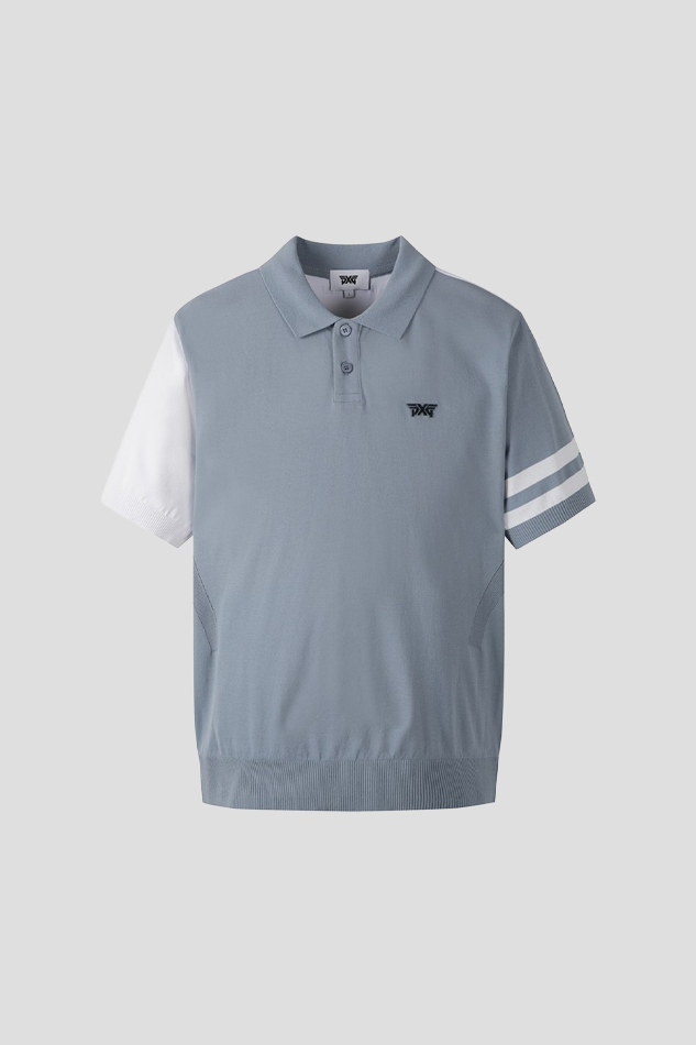 26MEN COLOR BLOCKED KNIT HYBRID COLLAR SHORT SLEEVE-BLUE