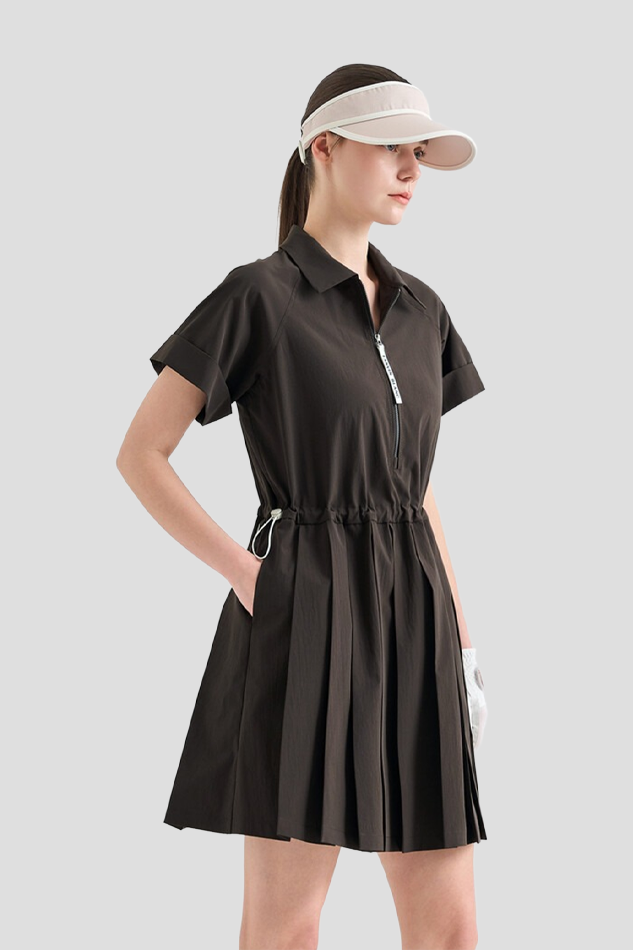 UV CUT DRAWSTRING HALF SLEEVE DRESS-COFFEE