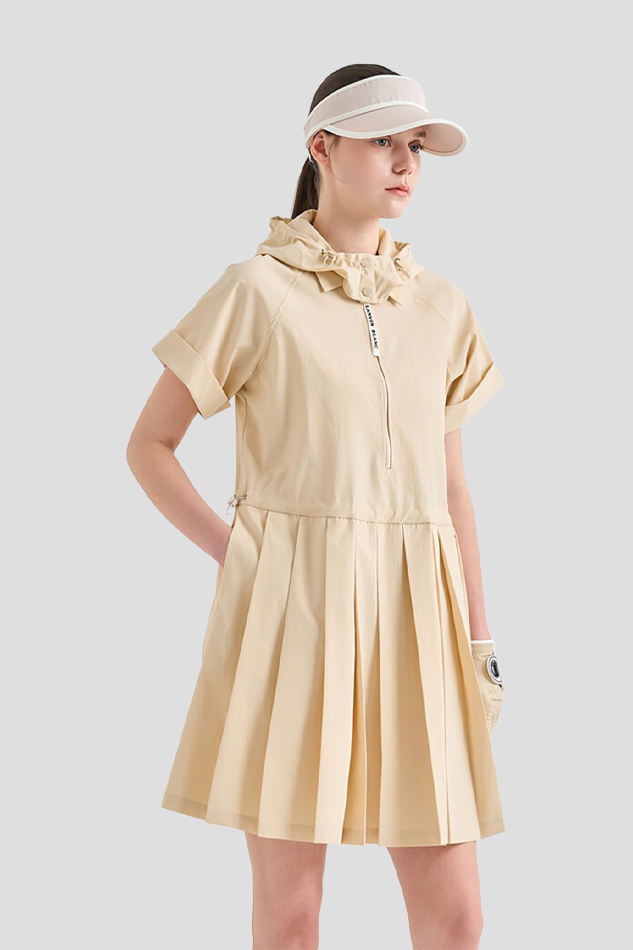 UV CUT DRAWSTRING HALF SLEEVE DRESS-BEIGE