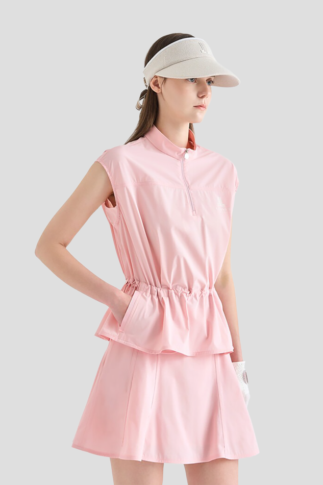 26DRAWSTRING MOCK NECK CAP SLEEVE TOP-PINK