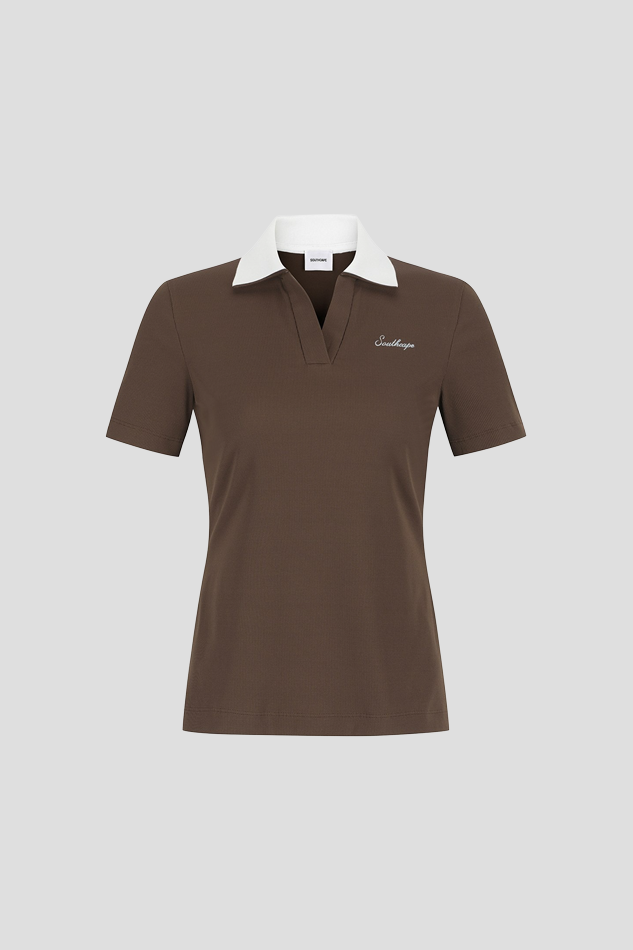 26RIBBED CONTRAST COLLAR SHORT SLEEVE TSHIRT-COFFEE