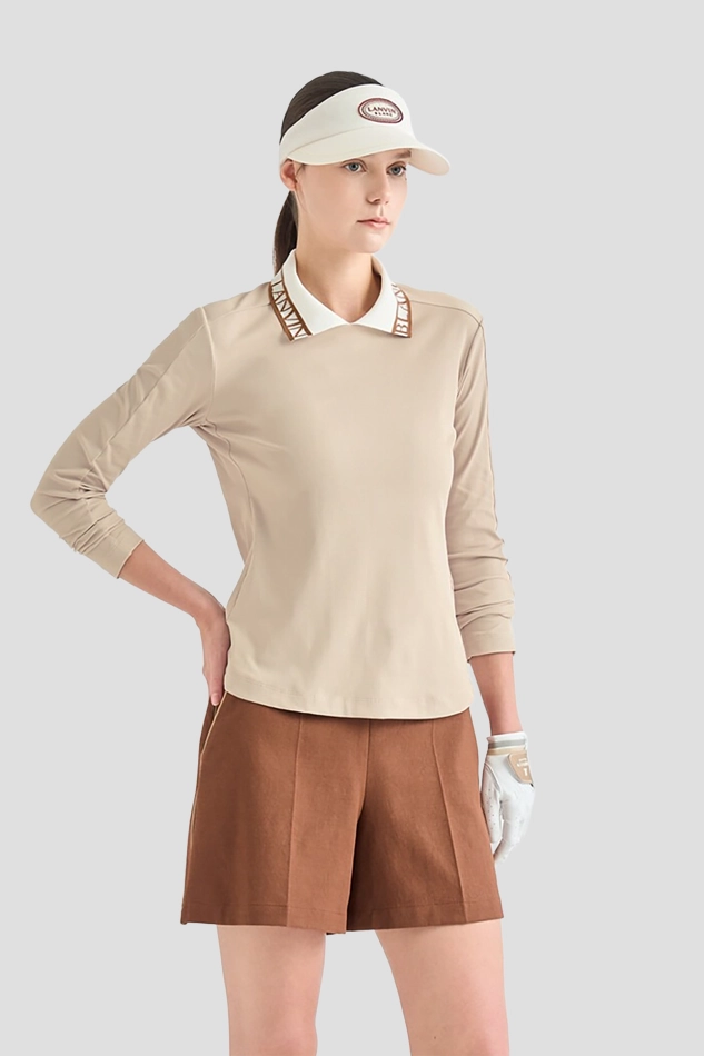 26STRETCH JACQUARD LOGO COLLAR TOP-KHAKI