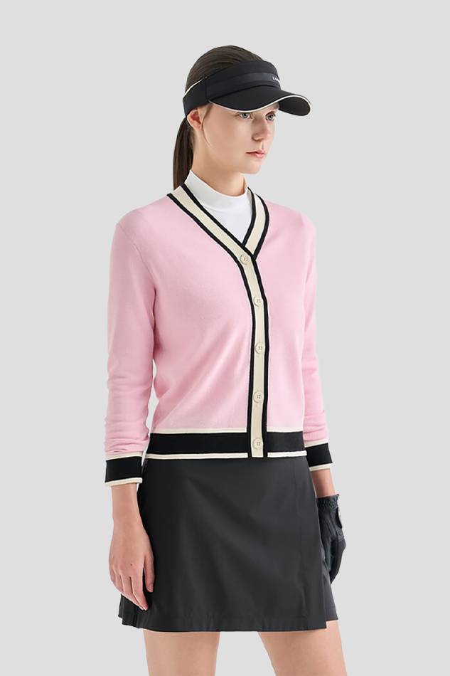 2026WOOL BLEND COLOR BLOCK KNIT CARDIGAN-PINK